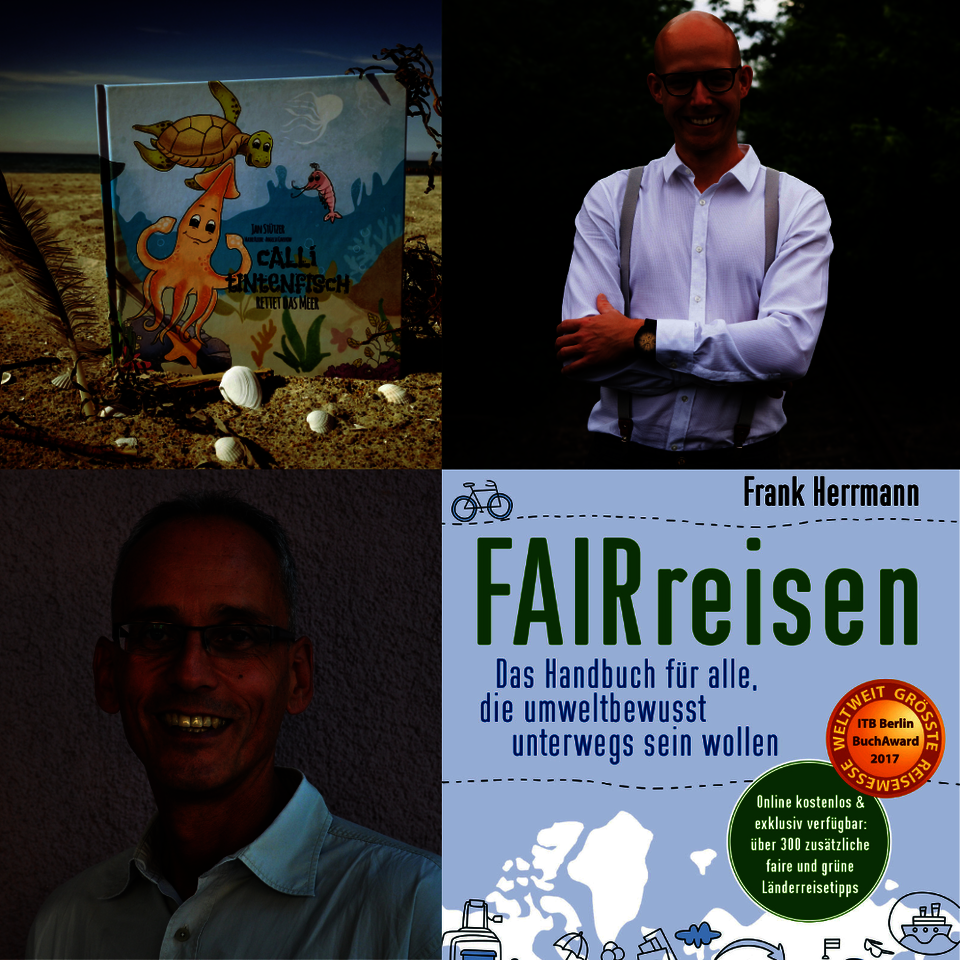 Auf dem Foto links oben sieht man ein Kinderbuch, das im Sand vor dem Meer steht. Rechts daneben ein Foto von einem jungen Mann mit weißem Hemd, Glatze und Hosenträgern. Links unten im Bild sieht man das Foto eines älteren Mann mit Brille, weißem Hemd und grauen kurzen Haaren. Rechts daneben sieht man ein Buchcover mit der Aufschrift Fairreisen.